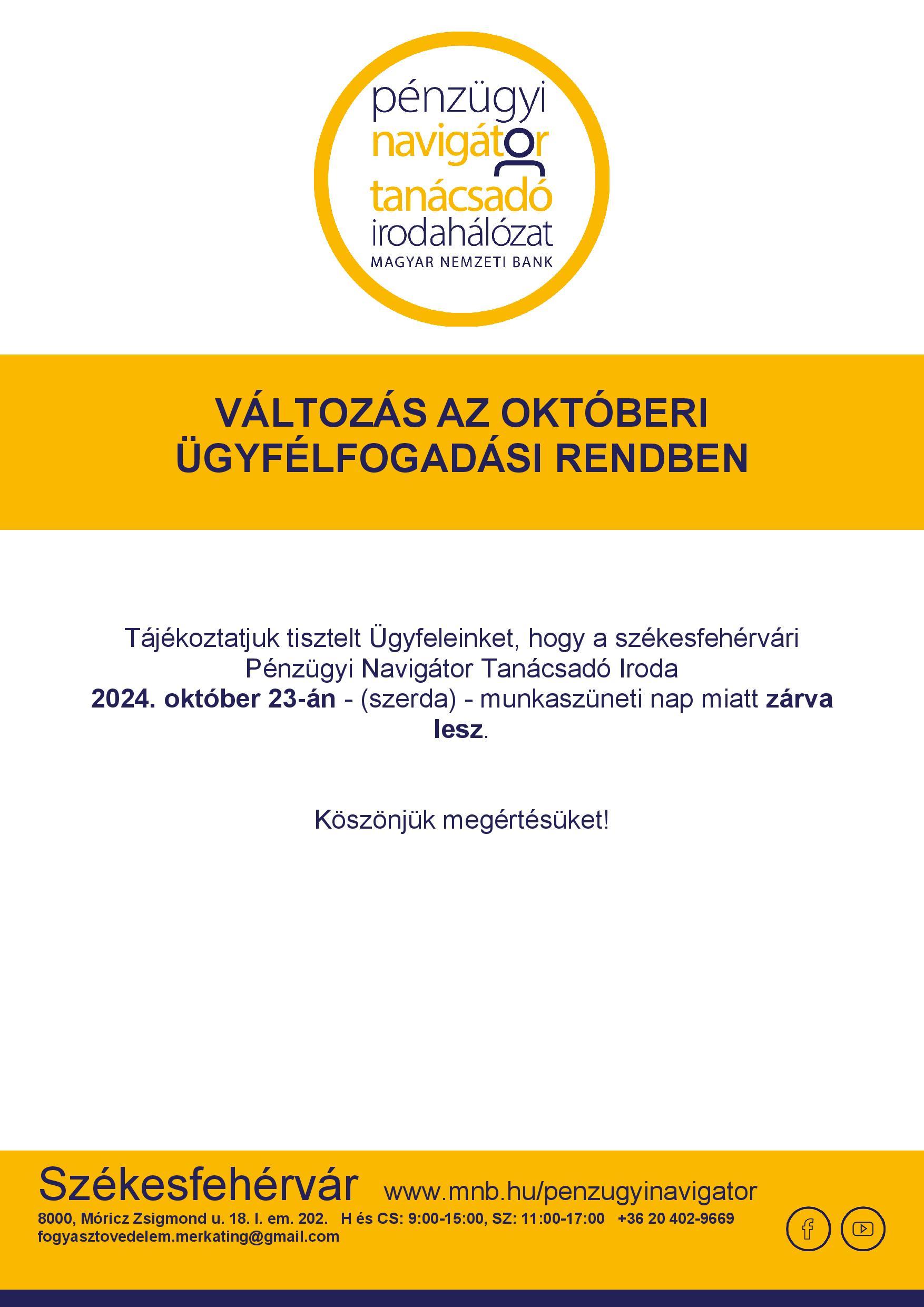 Székesfehérvár PNTI – nyitva tartás és ügyfélfogadás módosulás 2024.10.23. –  Munkaszüneti nap miatt az iroda ZÁRVA lesz @ Székesfehérvár PNTI