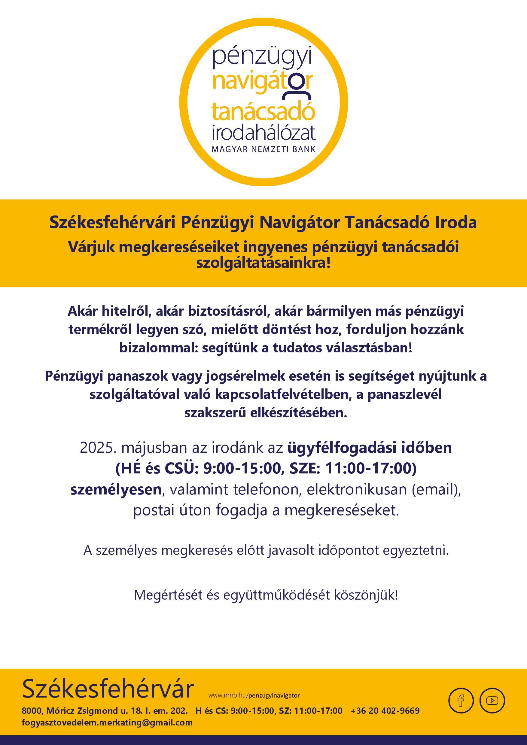 Székesfehérvár PNTI - 2025.05. hó nyitva tartás @ Székesfehérvár PNTI