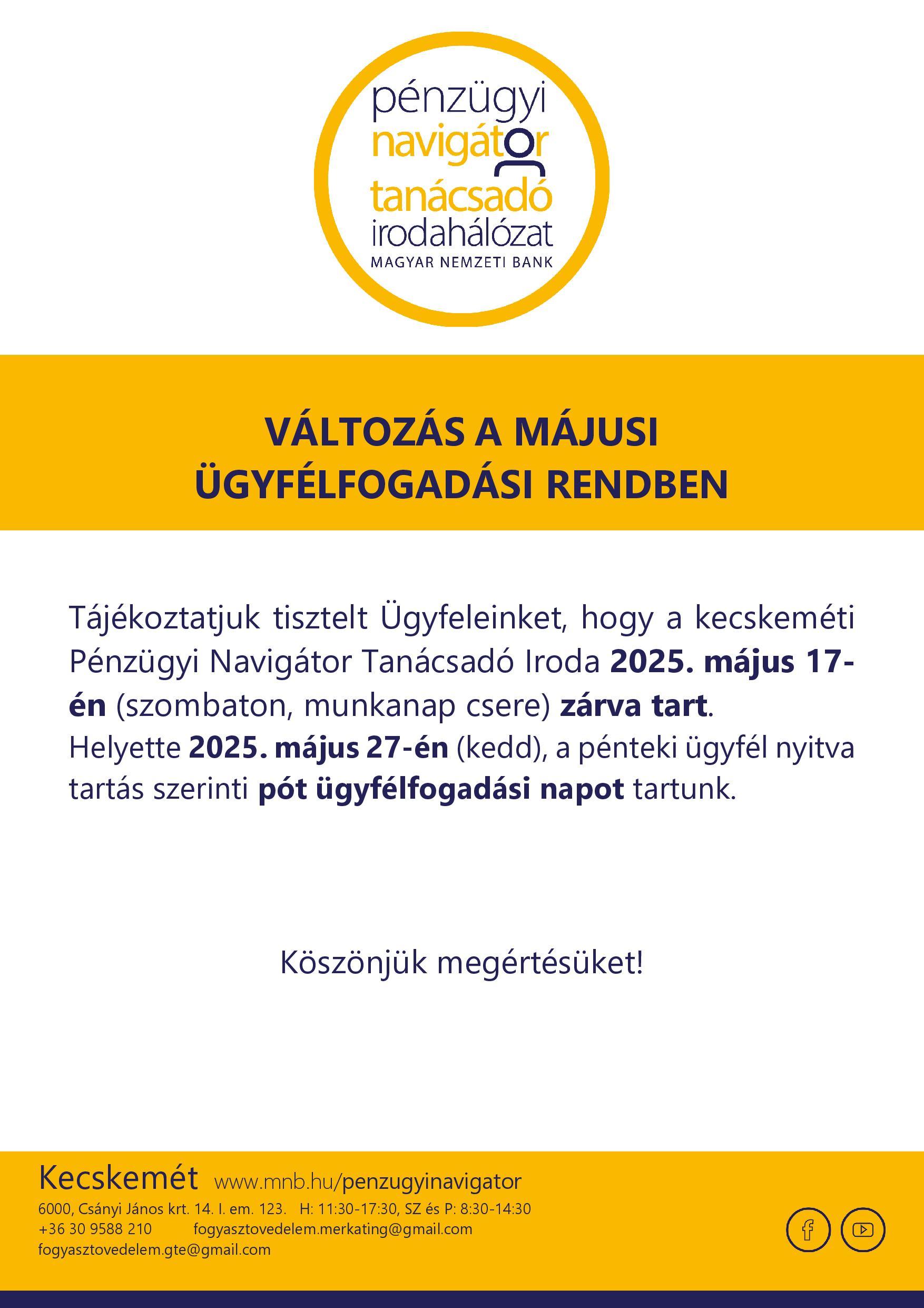Kecskemét PNTI – nyitva tartás és ügyfélfogadás változás 2025.05. hóban - az iroda ZÁRVA lesz 2025.05.17-én (munkanap csere) @ Kecskemét PNTI