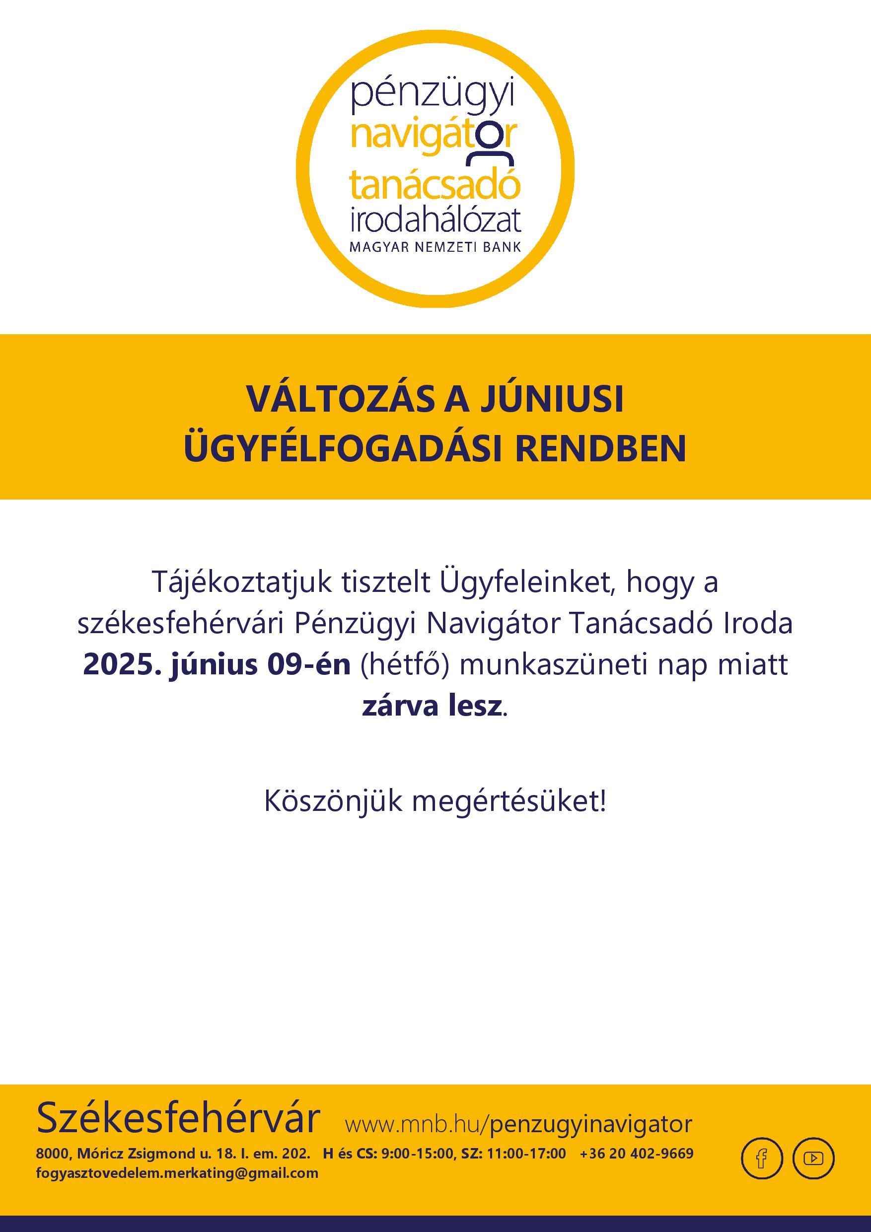 Székesfehérvár PNTI - 2025.06. hó nyitva tartás változás 06.09. - munkaszüneti nap - ZÁRVA lesz