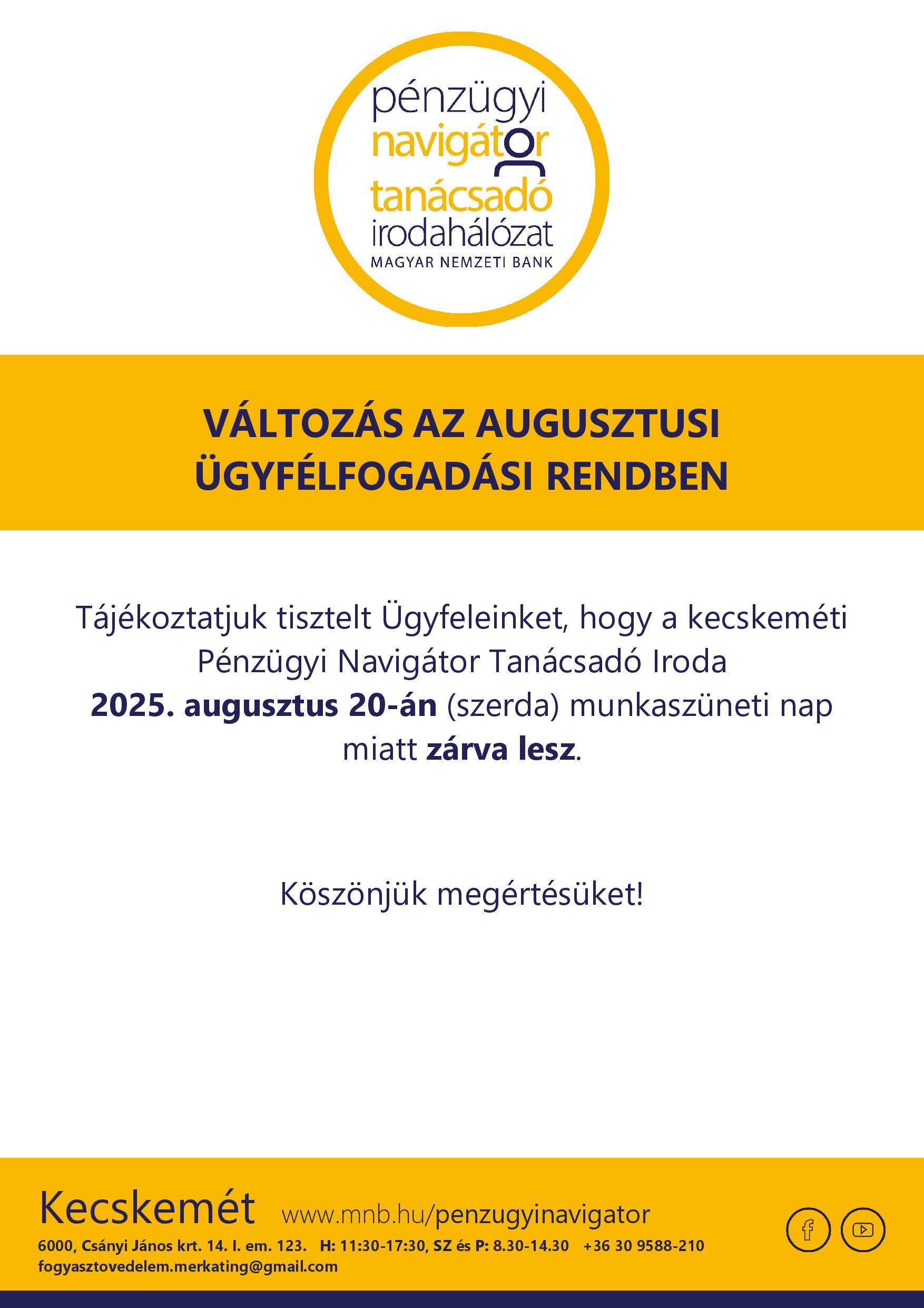 Kecskemét PNTI - 2025.08. hó nyitva tartás