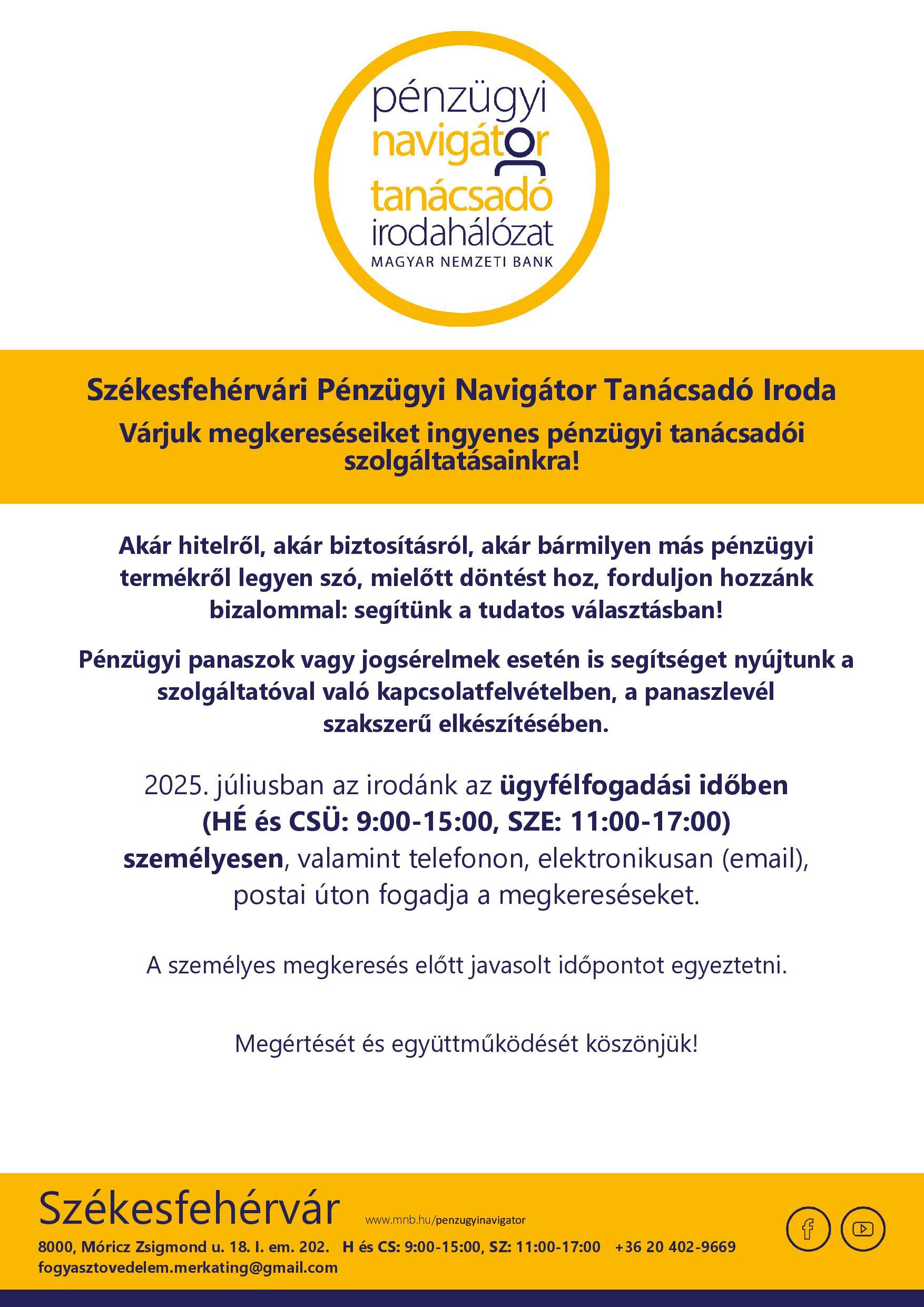 Székesfehérvár PNTI - 2025.07. hó nyitva tartás @ Székesfehérvár PNTI
