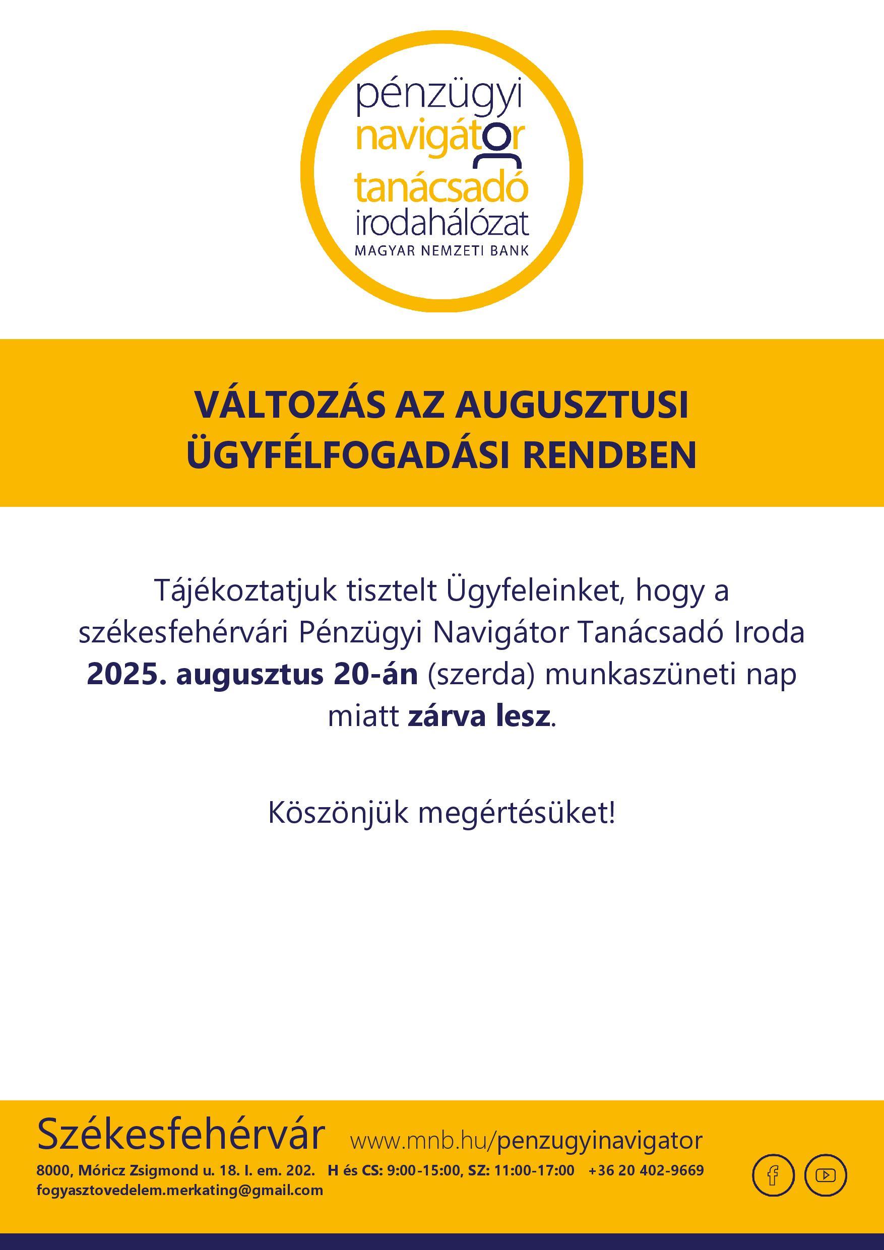 Székesfehérvár PNTI - 2025.08. hó nyitva tartás