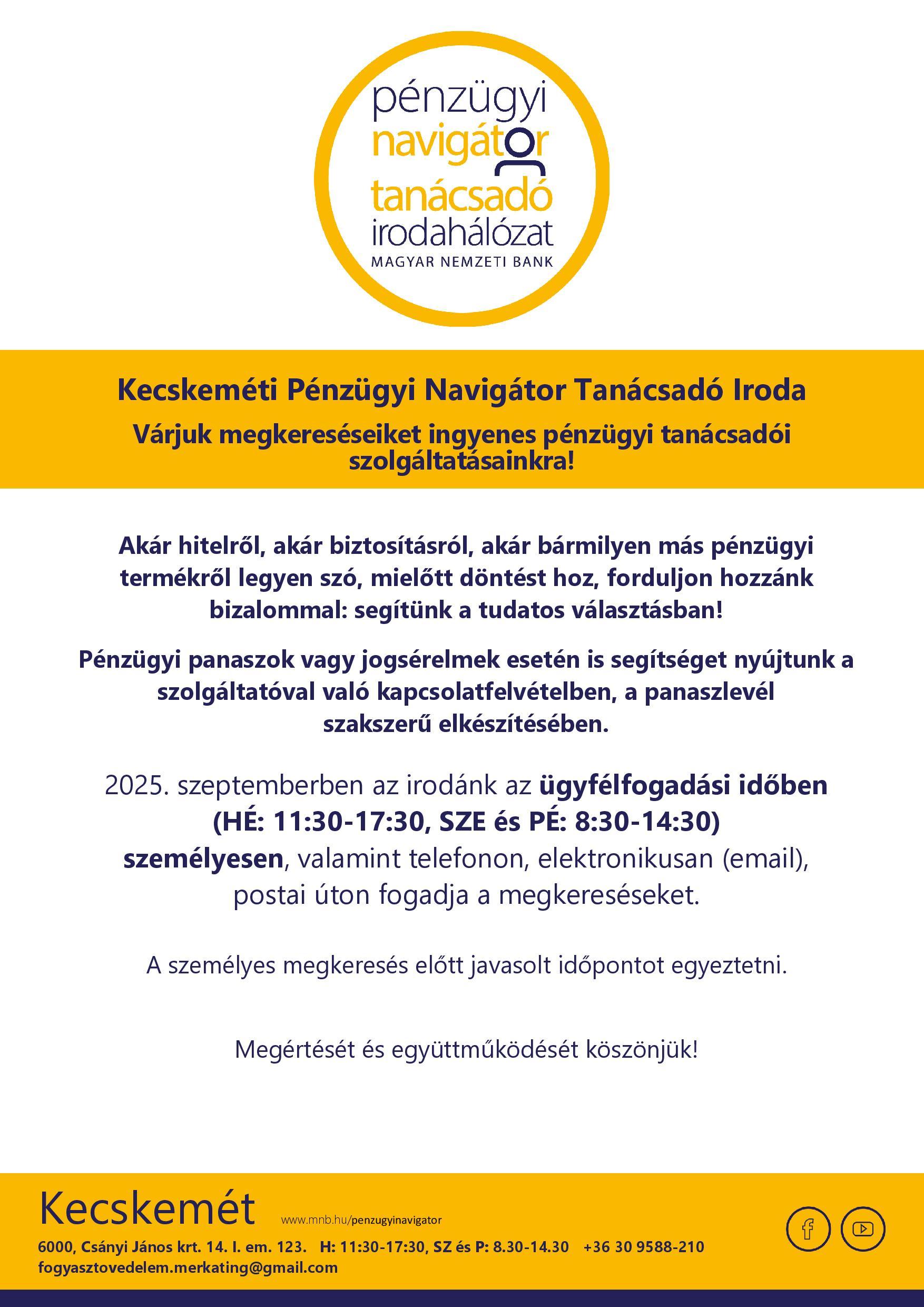 Kecskemét PNTI - 2025.09. hó nyitva tartás @ Kecskemét PNTI