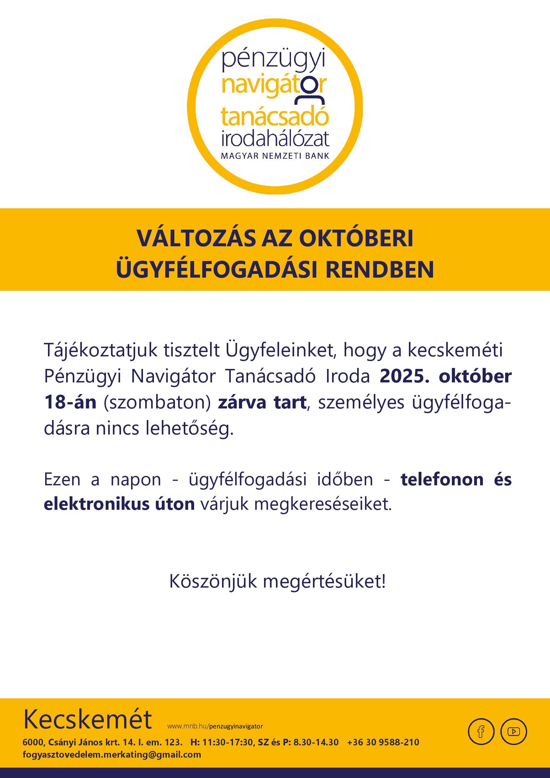 Kecskemét PNTI - 2025.10. hó nyitva tartás változás 10.18. - munkanap csere - személyes ügyfélfogadás szünetel