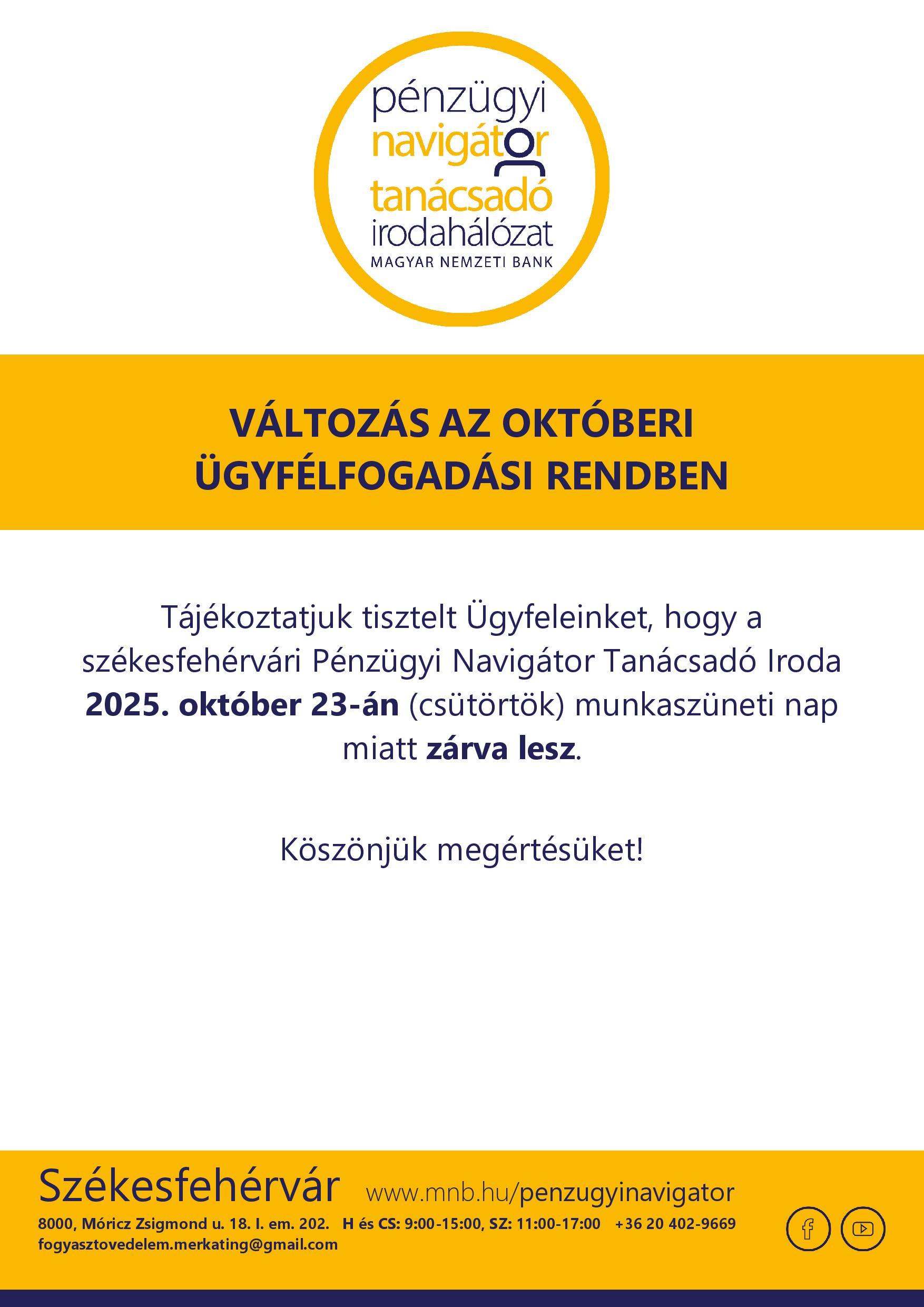 Székesfehérvár PNTI - 2025.10. hó nyitva tartás változás 10.23. - munkaszüneti nap - ZÁRVA lesz