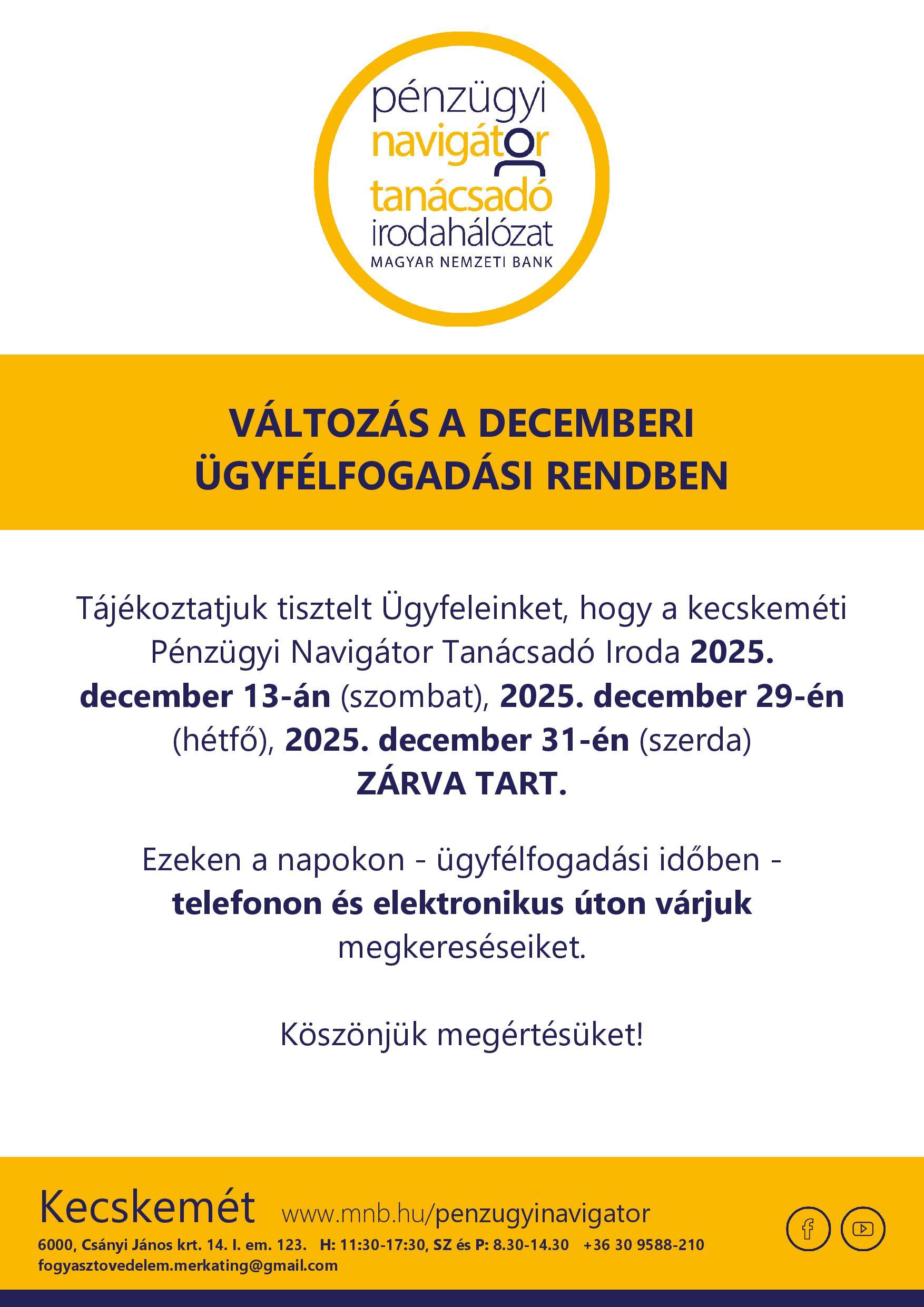 Kecskemét PNTI - 2025.12. hó nyitva tartás változás 12.13. - munkanap csere - személyes ügyfélfogadás szünetel @ Kecskemét PNTI