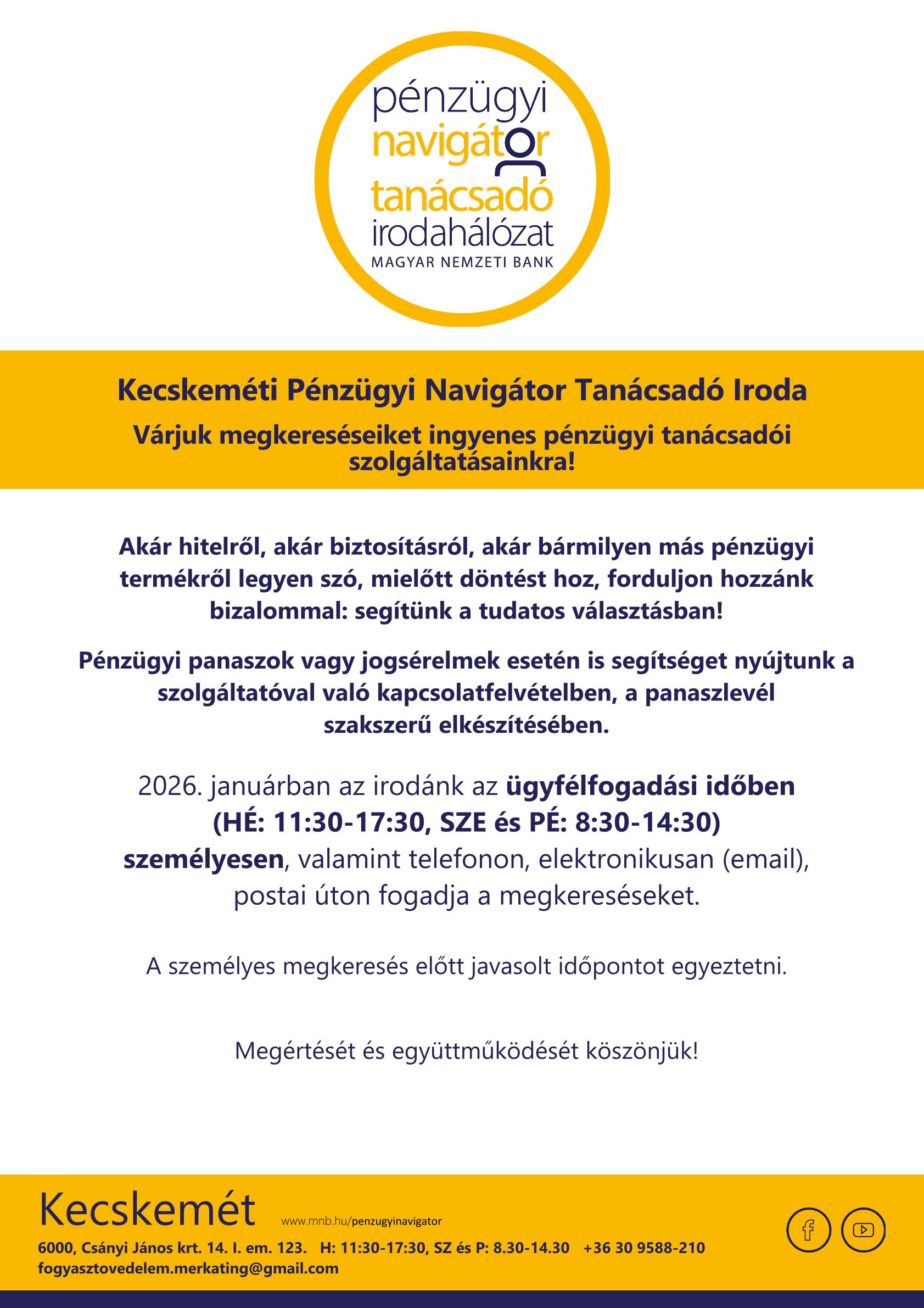 Kecskemét PNTI - 2026.01. hó nyitva tartás @ Kecskemét PNTI