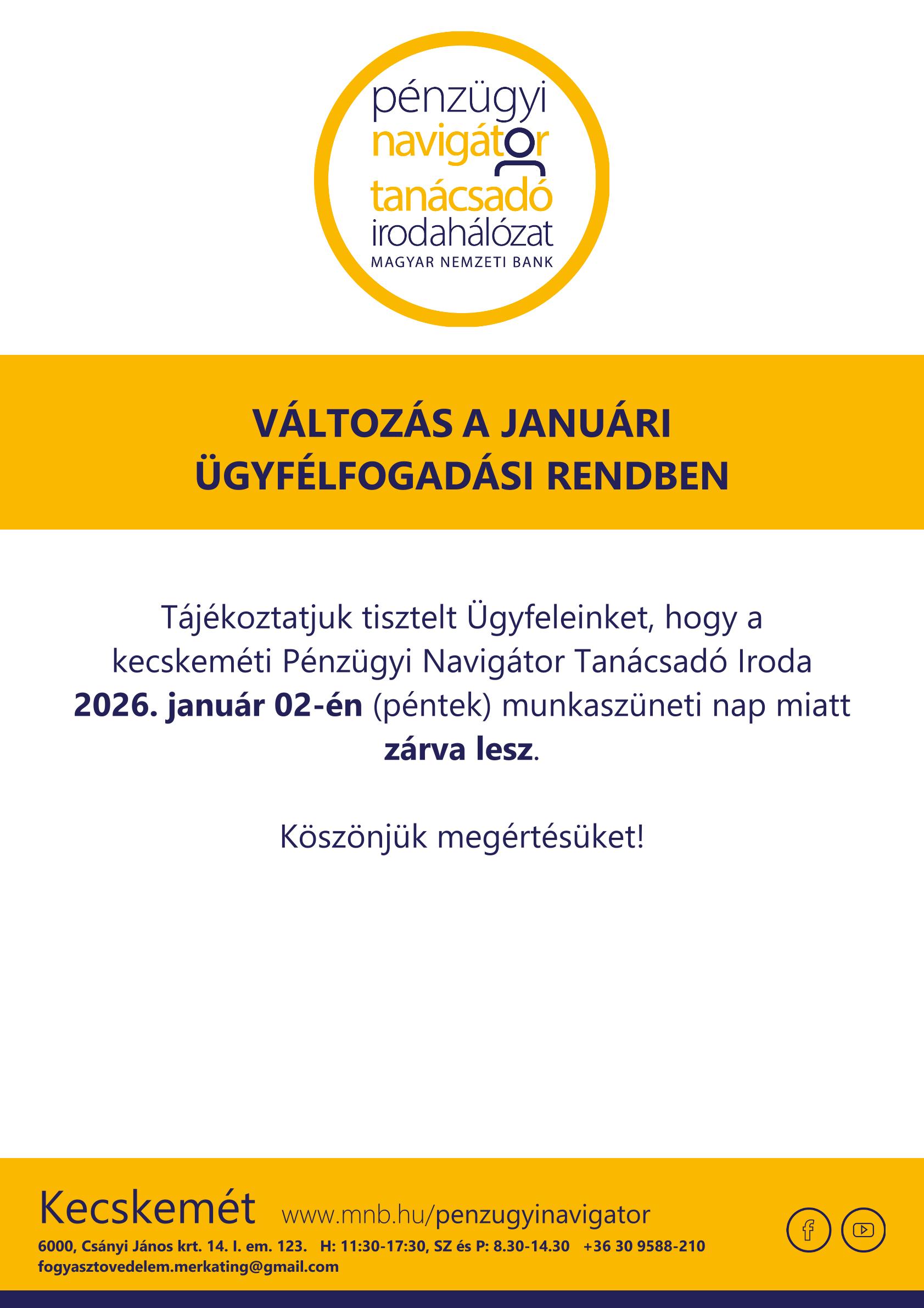 Kecskemét PNTI - 2026.01. hó nyitva tartás változás 01.02. - munkanap csere - személyes ügyfélfogadás szünetel