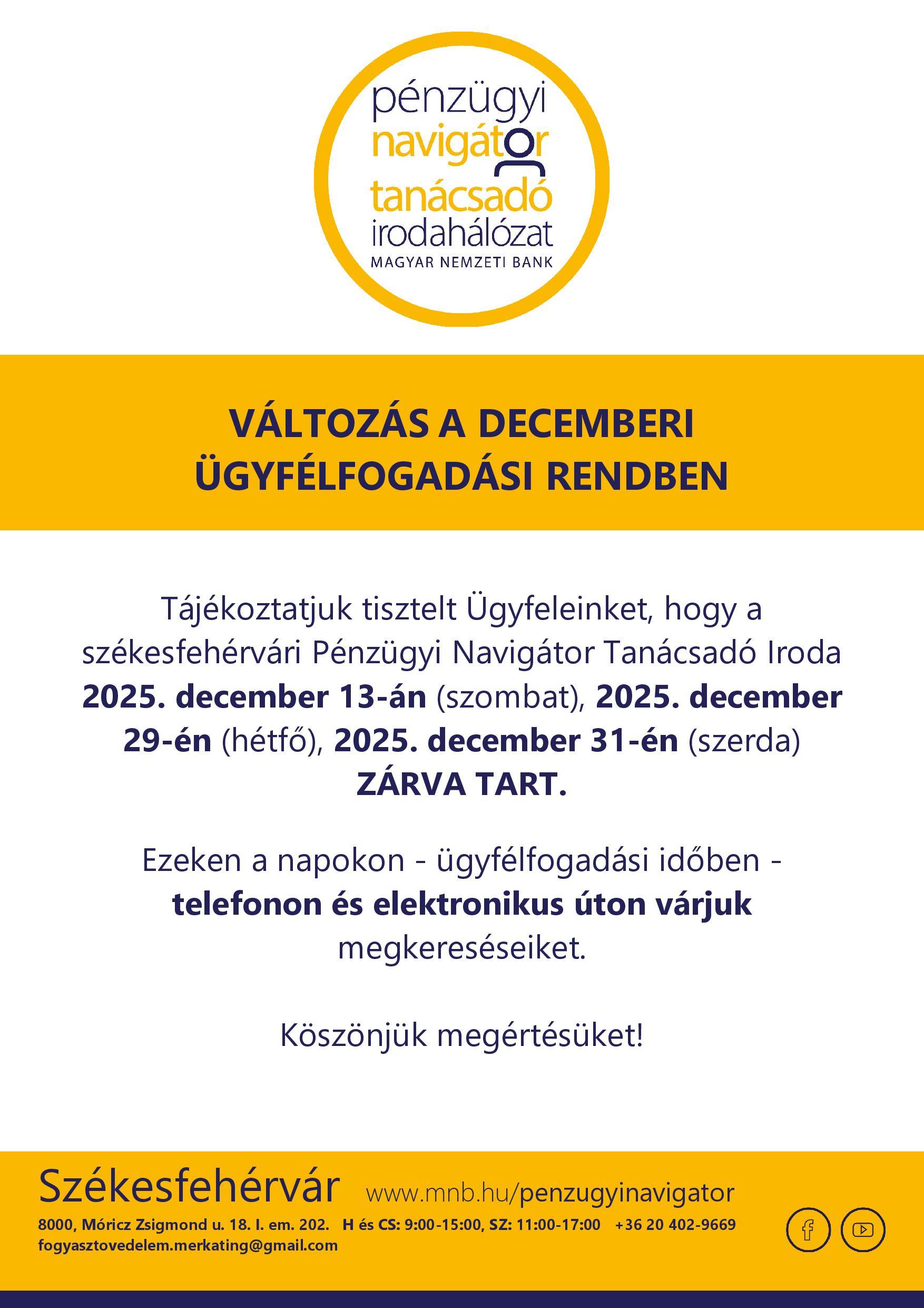 Székesfehérvár PNTI - 2025.12. hó nyitva tartás változás 12.31. - személyes ügyfélfogadás szünetel