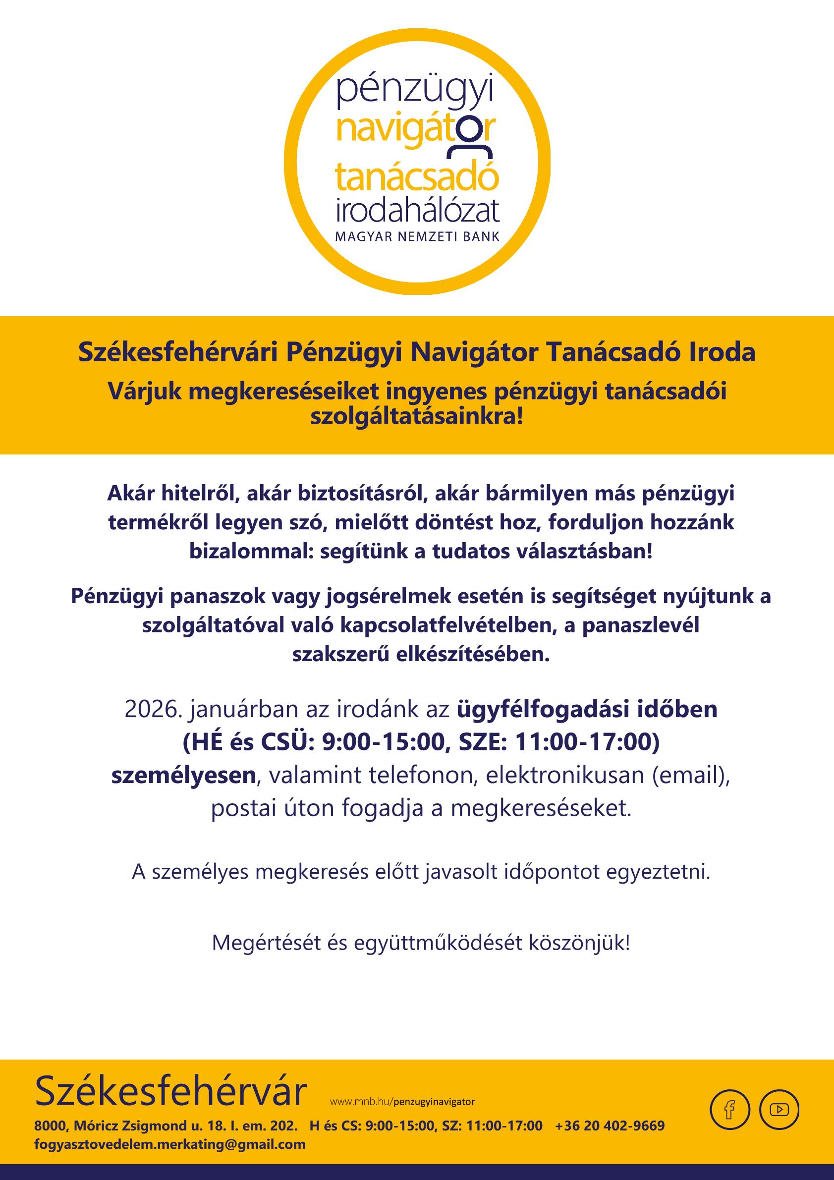 Székesfehérvár PNTI - 2026.01. hó nyitva tartás @ Székesfehérvár PNTI