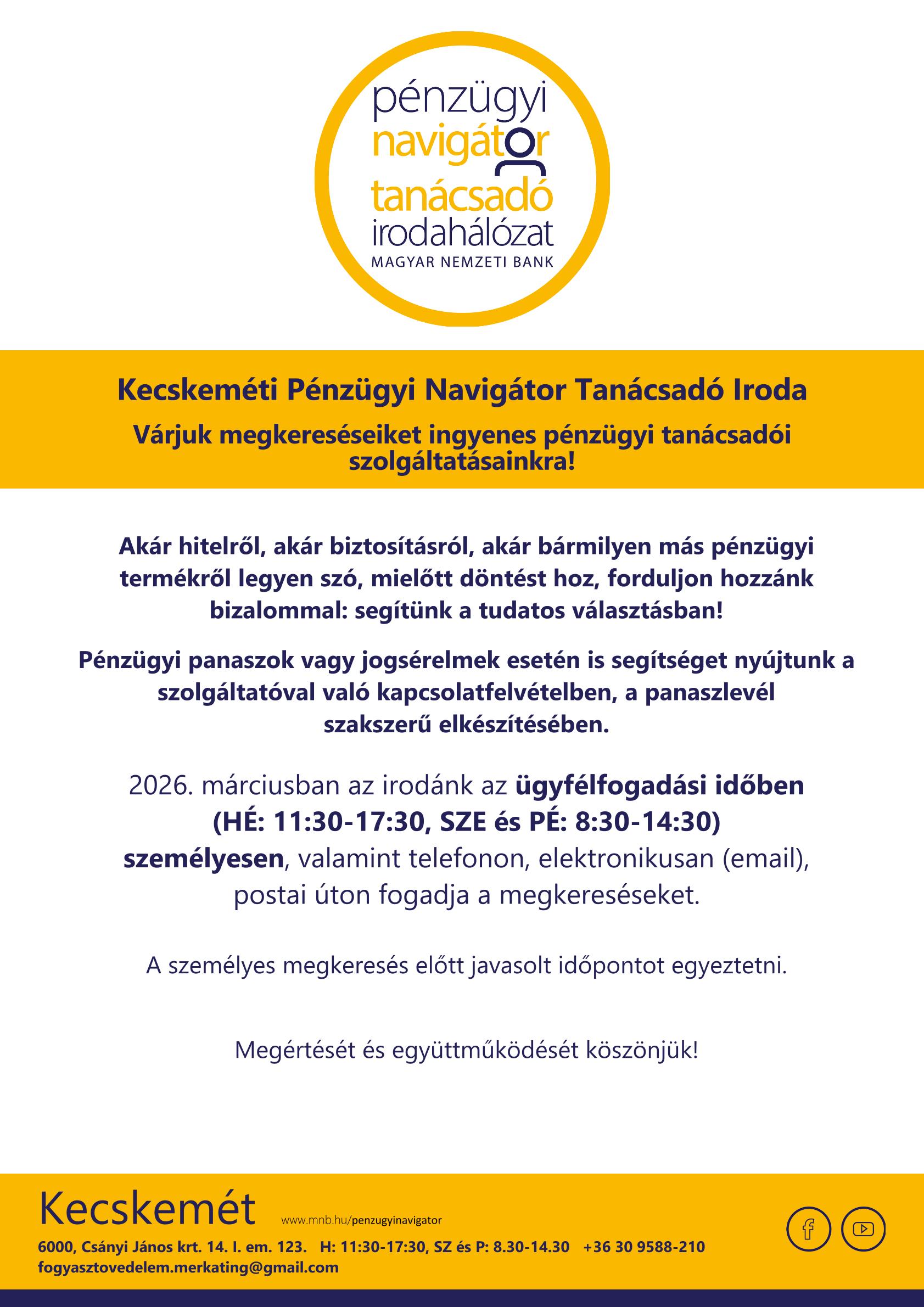 Kecskemét PNTI - 2026.03. hó nyitva tartás @ Kecskemét PNTI